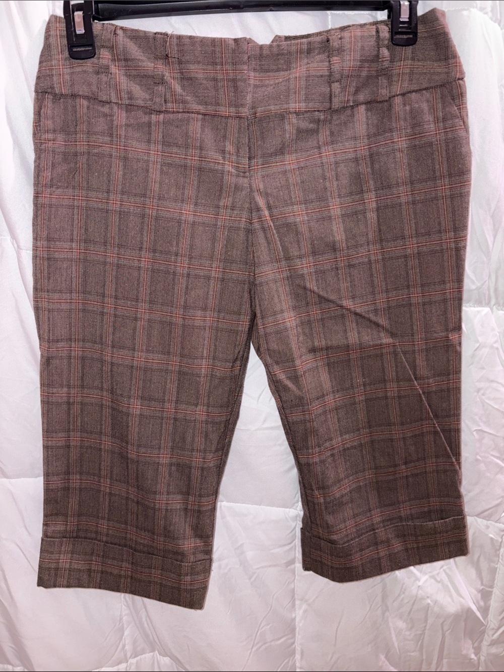 No Boundaries Brown Plaid Capri Pants with Pink Accent